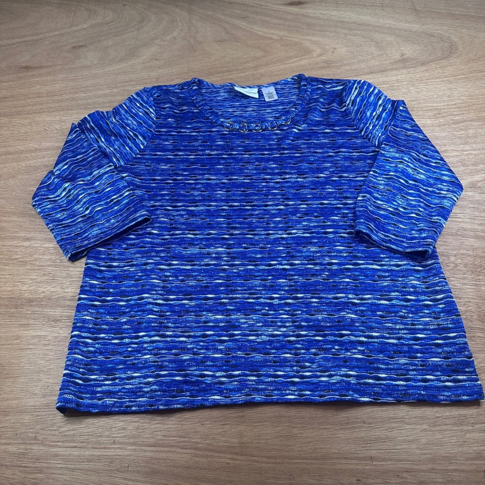 Alfred Dunner Knit Top Women Size Small Blue Textured Wave 3/4 Sleeve Casual